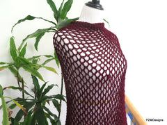 Burgundy Asymmetric Poncho, Long Crochet Poncho