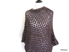 Brown Fishnet Poncho, Long Plus Size Crochet Poncho