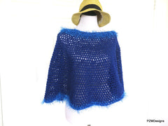 Royal Blue Short Crochet Poncho, Circle Poncho Gift for Her