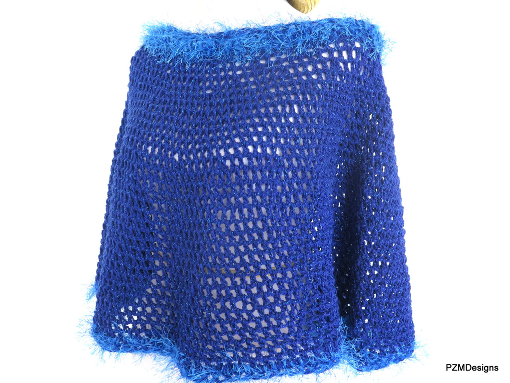 Royal Blue Short Crochet Poncho, Circle Poncho Gift for Her – PZM Designs