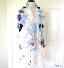 Large Crochet White Bridal Shawl with Flower Appliques