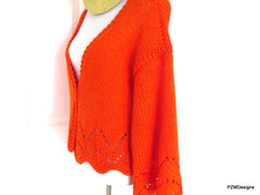 Plus Size Orange Cardigan Shrug, Hand Knit Plus Size Jacket