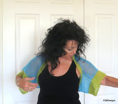 Bright Blue and Green Hand Knit Silk Mohair Shrug, Modern Bridal Bolero Shrug