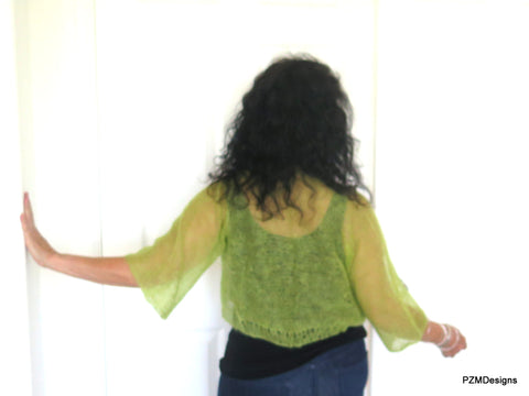 Transparemt Green Silk Knit Shrug, Light Green Hand Knit Kid Mohair and Silk Jacket, Gift for Her