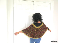 Fancy Sparkly Poncho, Brown and Gold Vegan Fur Crochet Wrap