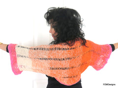 Orange and Pink Ombre Shrug, Hand Knit Boho Chic Trendy Shrug