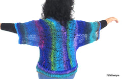 Blue Green Knit Noro Shrug, Luxury Hand Dyed Womens Sweater