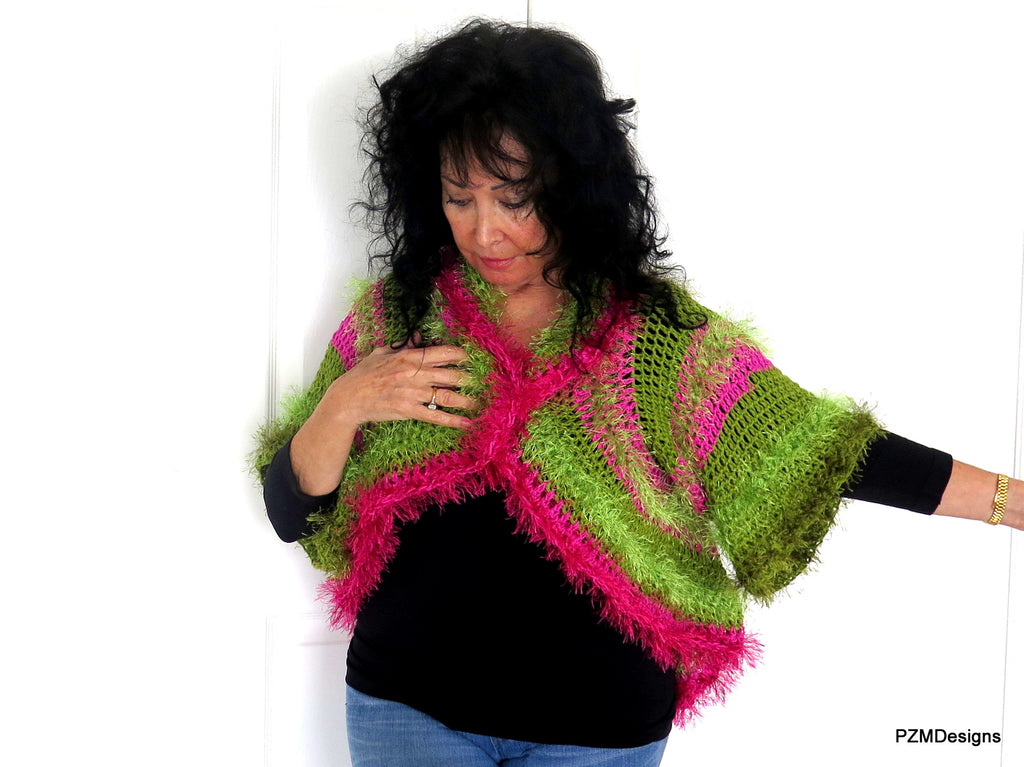 Green and Pink PZM Unusual Fashion Shrug, Circle Designs Hand Cr – Designer Colorful