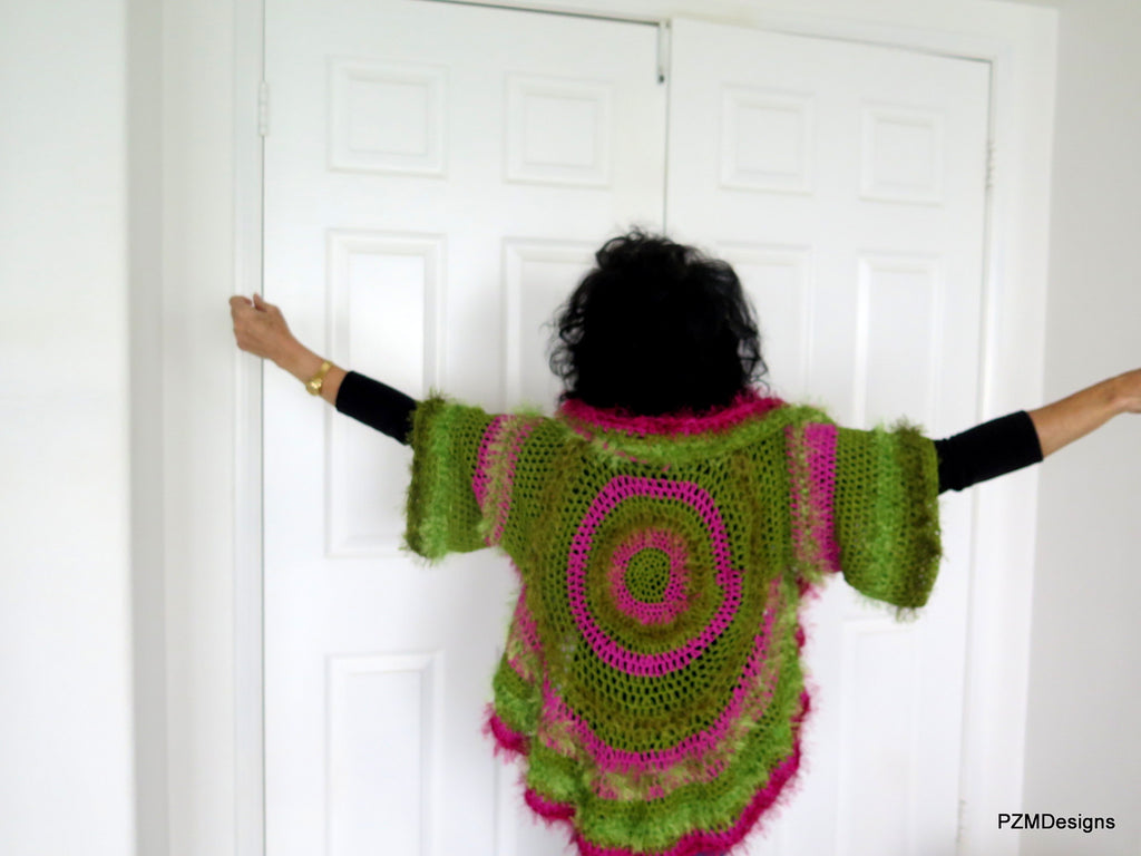 Green and Pink Unusual Designer Fashion Shrug, Cr Designs PZM Circle Hand – Colorful