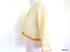 Beige Cotton Crochet Tie Front Bridal Shrug