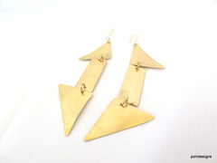 Long geometric earrings, gold triangle dangle earrings, minimalist modern brass earrings - PZM Designs 
