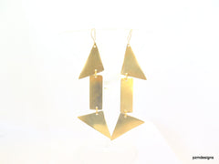 Long geometric earrings, gold triangle dangle earrings, minimalist modern brass earrings - PZM Designs 