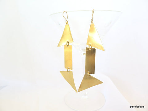 Long geometric earrings, gold triangle dangle earrings, minimalist modern brass earrings