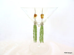 Long peridot tassel earrings with gold citrine accents, pzm designs fine jewelry - PZM Designs 