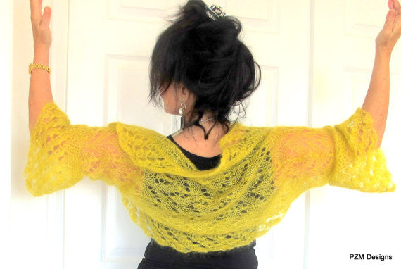 Marigold mohair sweater shrug, yellow silk and kid mohair hand knit luxury bolero cardigan - PZM Designs 