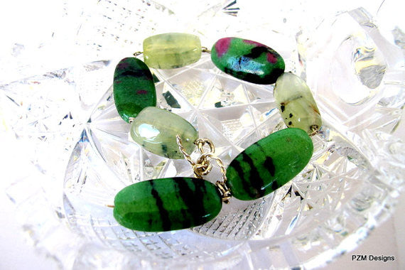 Ruby Zoisite Bracelet with Large Prehnites Set in Sterling Silver - PZM Designs 