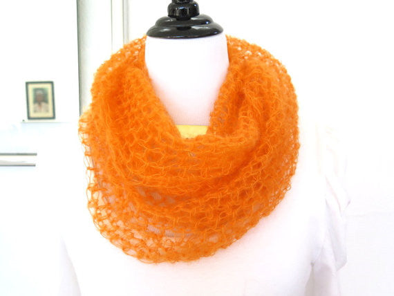 Bright Orange Silk Cowl, Hand Crochet Silk Mohair Loop Scarf, Gift under 40 - PZM Designs 