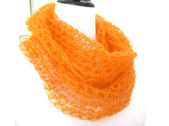 Bright Orange Silk Cowl, Hand Crochet Silk Mohair Loop Scarf, Gift under 40 - PZM Designs 