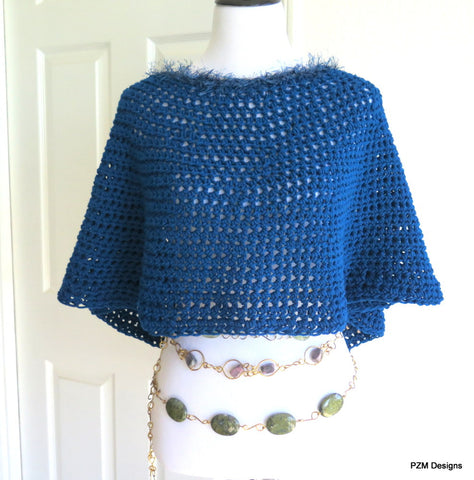 Blue Teal Poncho, Short Crochet Circle Poncho, Gift for Her