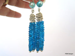 Neon Apatite Tassel Earrings with Blue Pearl Accents, Art Deco Style fine jewelry - PZM Designs 