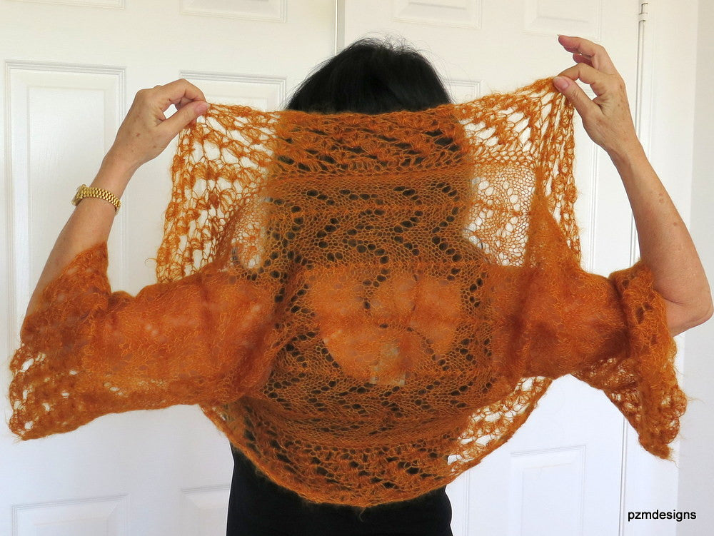 Orange silk shrug, hand knit silk mohair sweater shrug, luxury knitwear - PZM Designs 