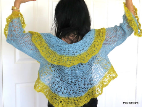 Light Blue Silk Mohair Shrug, Crochet Circle Shrug