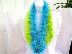Blue and Green Fur Infinity Scarf, Vegan Fur hand crochet loop scarf cowl - PZM Designs 