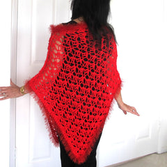 Red Crochet Lacy Poncho with fur trim, Asymmetrical Crochet Evening Wrap, Gift for Her - PZM Designs 