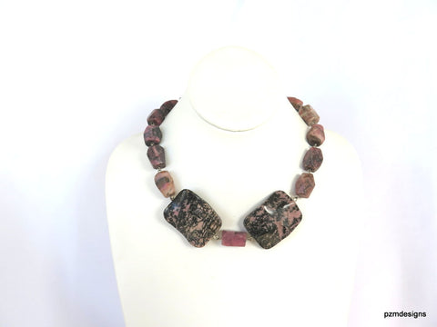 Chunky Rhodonite Statement Necklace, Boho Chic Pink Rhodonite Gemstone Necklace, Gift for Her