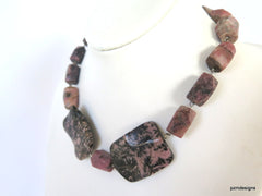 Chunky Rhodonite Statement Necklace, Boho Chic Pink Rhodonite Gemstone Necklace, Gift for Her - PZM Designs 