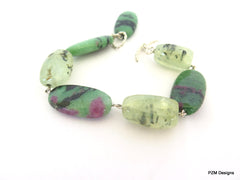 Ruby Zoisite Bracelet with Large Prehnites Set in Sterling Silver - PZM Designs 
